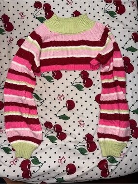 Striped Cropped Balloon-Sleeve Sweater - Pink/Red/Green